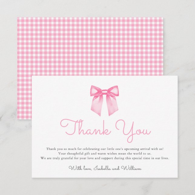 Tarjeta De Agradecimiento Elegant Pink Bow Baby Shower (Anverso / Reverso)