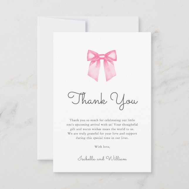 Tarjeta De Agradecimiento Elegant Pink Bow Girl Baby Shower (Anverso)