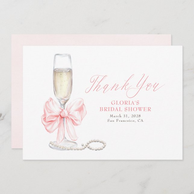 Tarjeta De Agradecimiento Elegant Pink Bow Prosecco Bridal Shower Thank You (Anverso / Reverso)