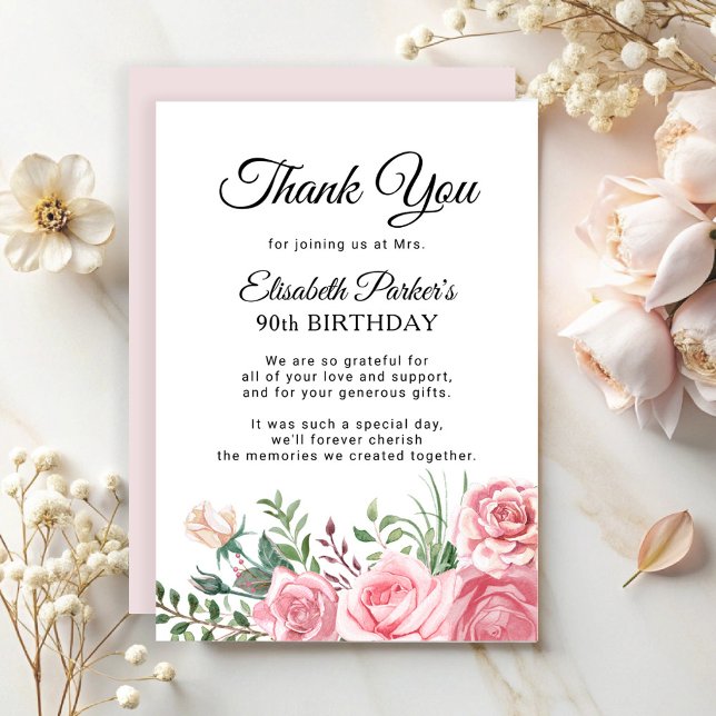 Tarjeta De Agradecimiento Elegant pink floral 90th birthday party  (Subido por el creador)