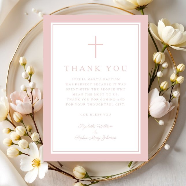 Tarjeta De Agradecimiento Elegant Pink Religious Cross Girl Baptism (Elegant Pink Religious Cross Girl Baptism Thank You Card)