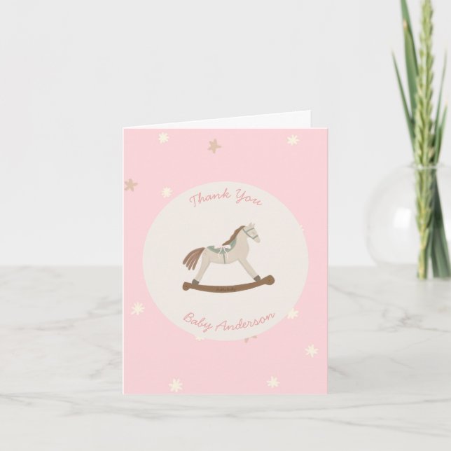 Tarjeta De Agradecimiento Elegant Pink Stars Boho Rocking Horse (Anverso)