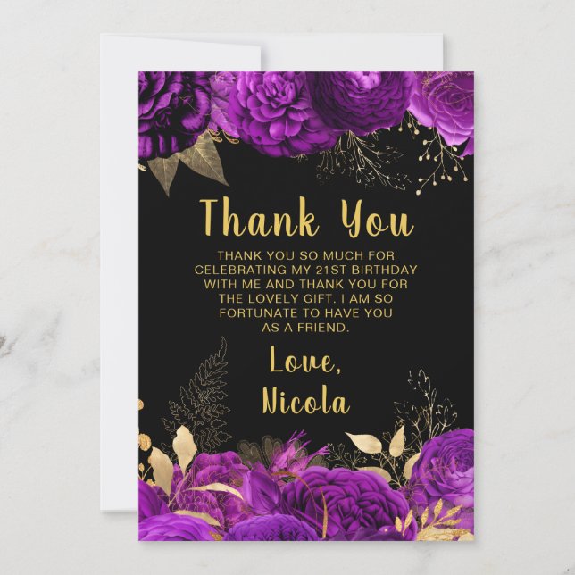 Tarjeta De Agradecimiento Elegant Purple and Gold Flowers Birthday Party (Anverso)