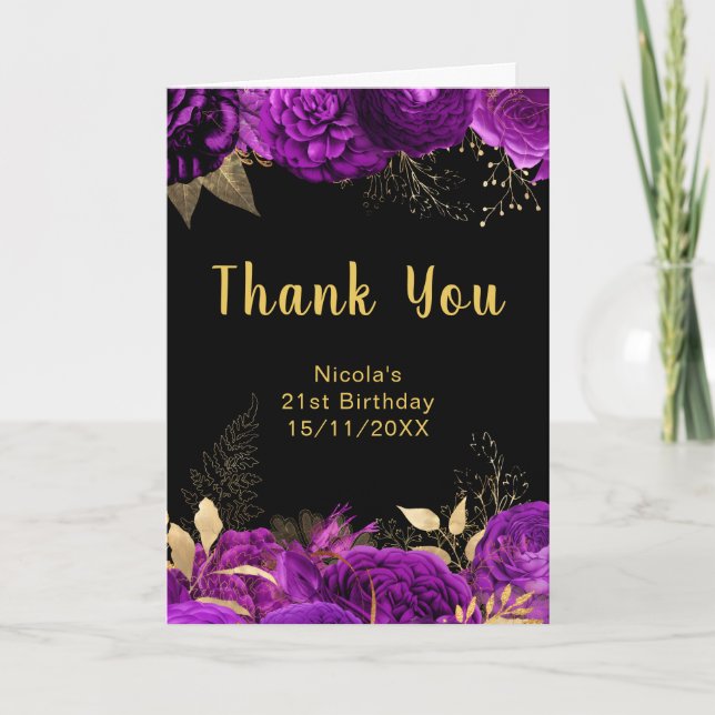 Tarjeta De Agradecimiento Elegant Purple and Gold Flowers Birthday Party (Anverso)