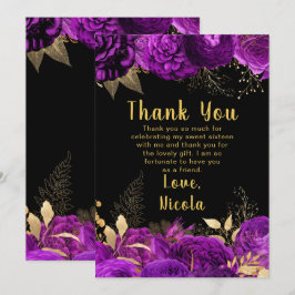 Tarjeta De Agradecimiento Elegant Purple and Gold Flowers Sweet Sixteen