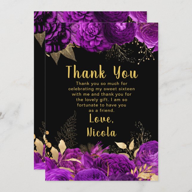 Tarjeta De Agradecimiento Elegant Purple and Gold Flowers Sweet Sixteen (Anverso / Reverso)