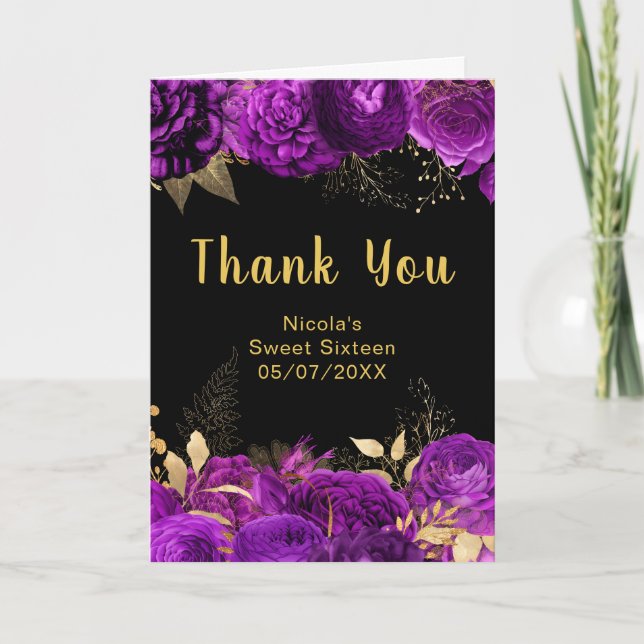 Tarjeta De Agradecimiento Elegant Purple and Gold Flowers Sweet Sixteen (Anverso)