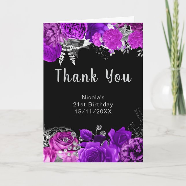 Tarjeta De Agradecimiento Elegant Purple and Silver Flowers Birthday Party  (Anverso)