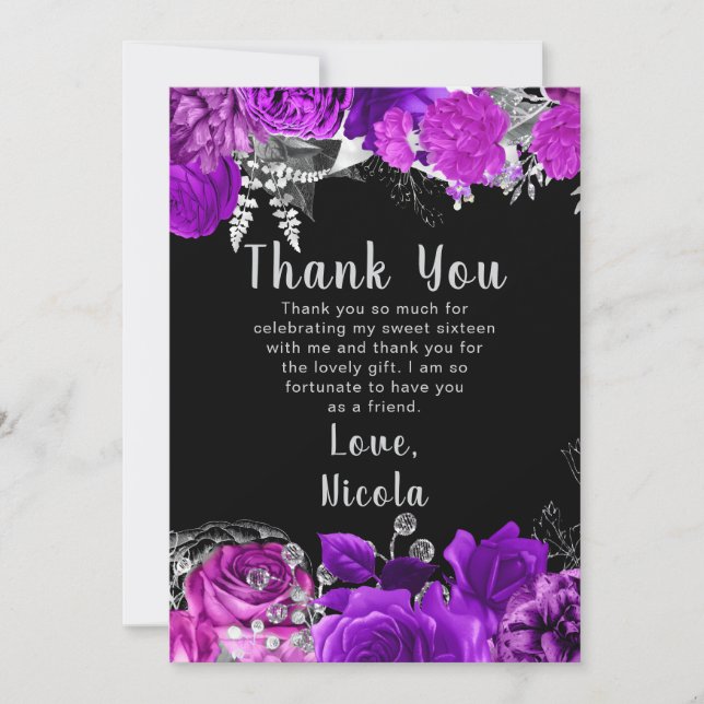Tarjeta De Agradecimiento Elegant Purple and Silver Flowers Sweet Sixteen (Anverso)