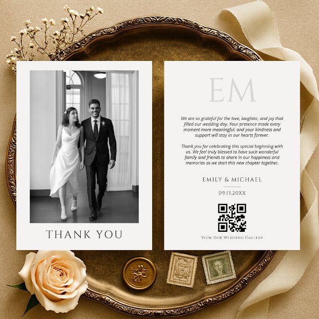 Tarjeta De Agradecimiento Elegant QR Code Wedding Photo Monogram Thank You (Subido por el creador)