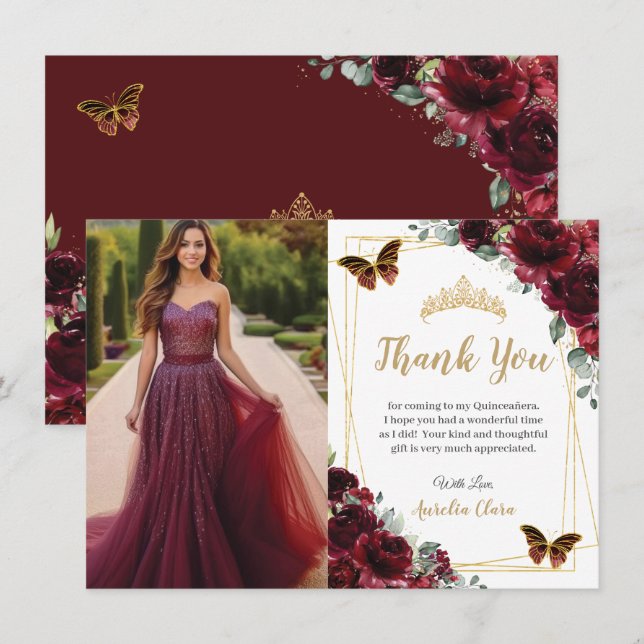 Tarjeta De Agradecimiento Elegant Quinceañera Burgundy Roses Floral Photo  (Anverso / Reverso)