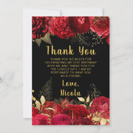 Tarjeta De Agradecimiento Elegant Red and Gold Flowers Birthday Party