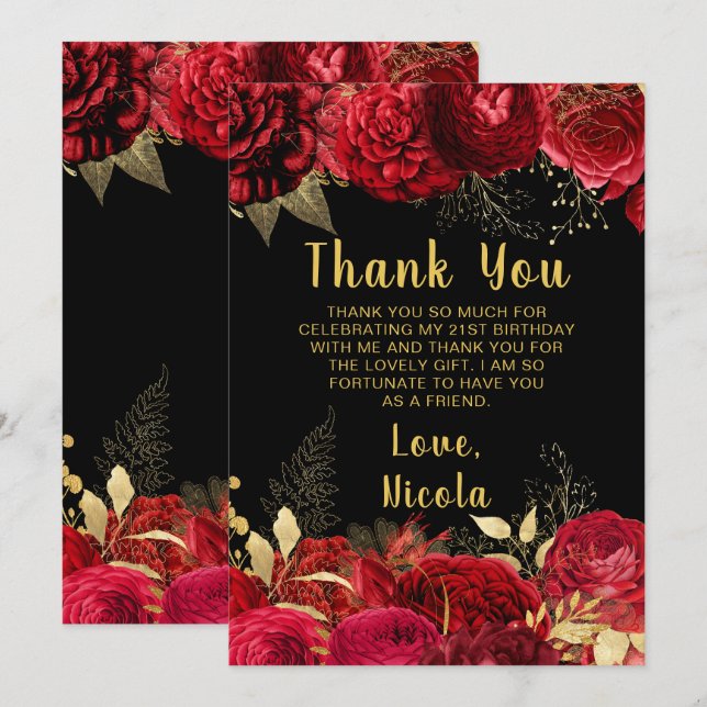 Tarjeta De Agradecimiento Elegant Red and Gold Flowers Birthday Party (Anverso / Reverso)