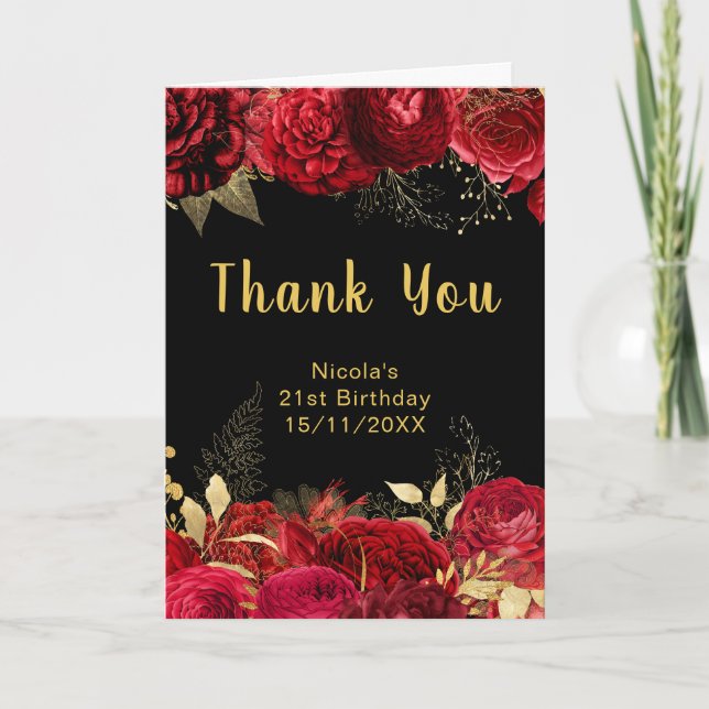 Tarjeta De Agradecimiento Elegant Red and Gold Flowers Birthday Party (Anverso)
