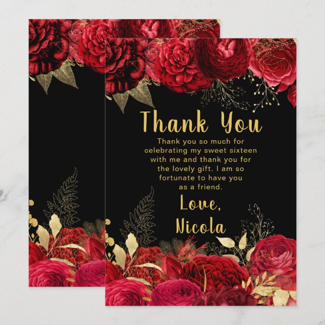 Tarjeta De Agradecimiento Elegant Red and Gold Flowers Sweet Sixteen (Anverso / Reverso)