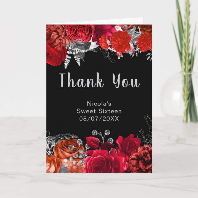 Tarjeta De Agradecimiento Elegant Red and Silver Flowers Sweet Sixteen (Anverso)