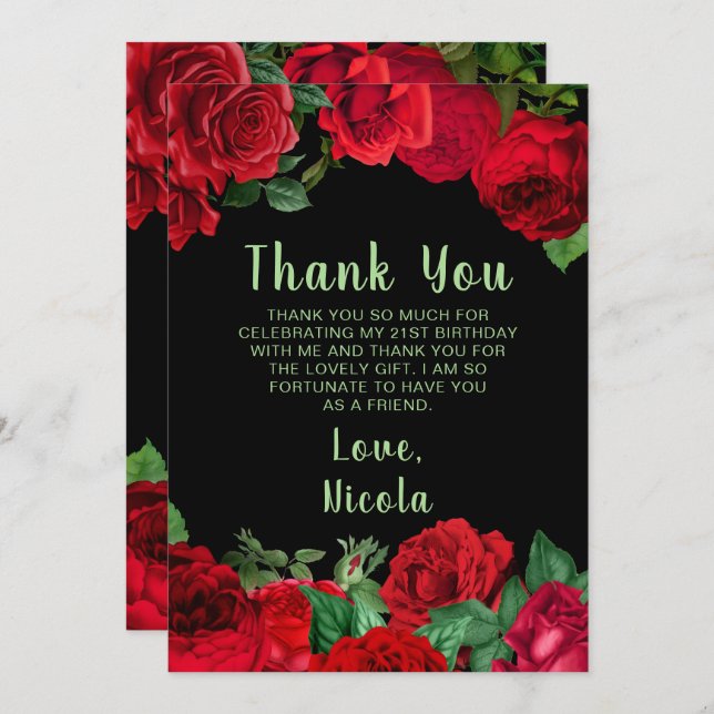 Tarjeta De Agradecimiento Elegant Red Roses Flowers Birthday Party (Anverso / Reverso)