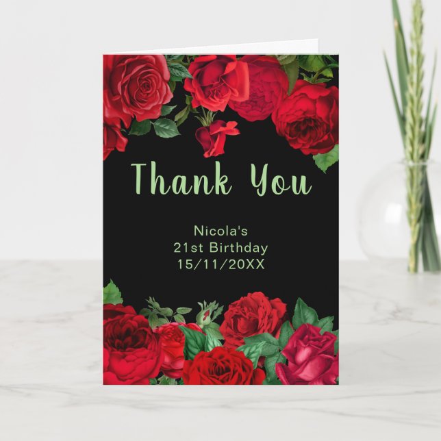 Tarjeta De Agradecimiento Elegant Red Roses Flowers Birthday Party (Anverso)