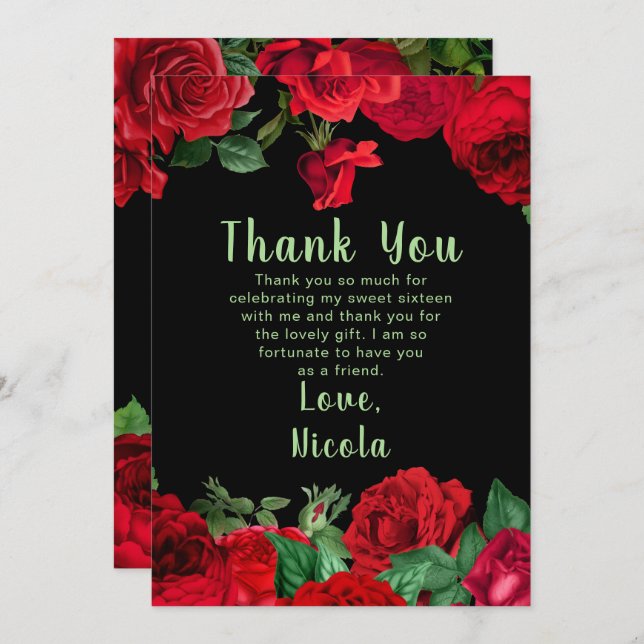 Tarjeta De Agradecimiento Elegant Red Roses Flowers Sweet Sixteen (Anverso / Reverso)