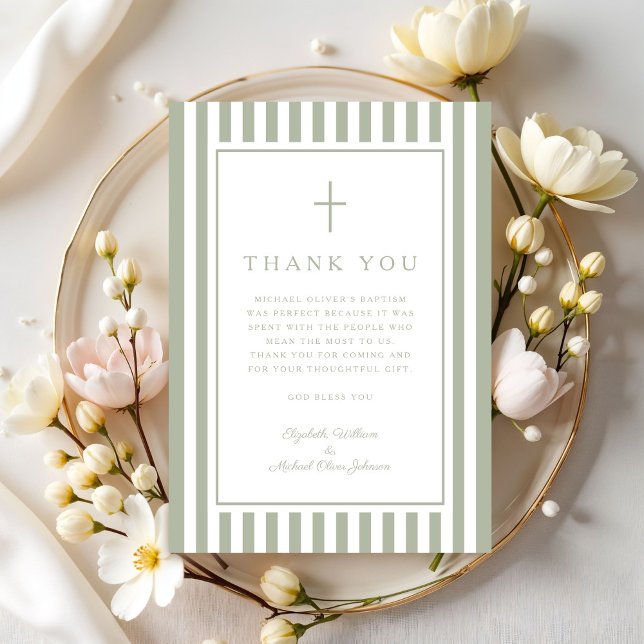 Tarjeta De Agradecimiento Elegant Religious Sage Green Boy Baptism (Elegant Religious Sage Green Boy Baptism Thank You Card)