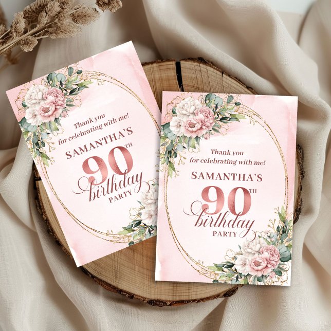Tarjeta De Agradecimiento Elegant Rose Gold Floral Eucalyptus 90th Birthday  (Elegant Rose Gold Floral Eucalyptus 90th Birthday Thanks)