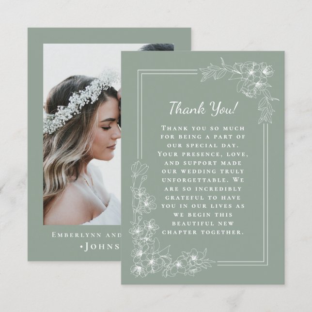 Tarjeta De Agradecimiento Elegant Sage Green Botanical Photo Wedding (Anverso / Reverso)