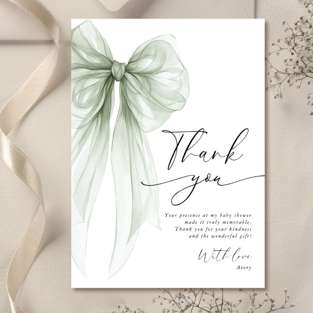 Tarjeta De Agradecimiento Elegant Sage Green Bow Baby Shower (Subido por el creador)