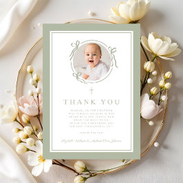 Tarjeta De Agradecimiento Elegant Sage Green Bow Religious Baptism Photo