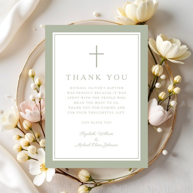 Tarjeta De Agradecimiento Elegant Sage Green Religious Cross Baptism (Elegant Sage Green Religious Cross Baptism Thank You Card)