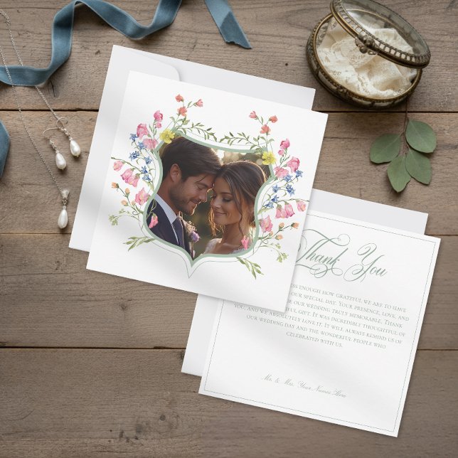Tarjeta De Agradecimiento Elegant Sage Pastel Wildflower Crest Photo Wedding (Subido por el creador)