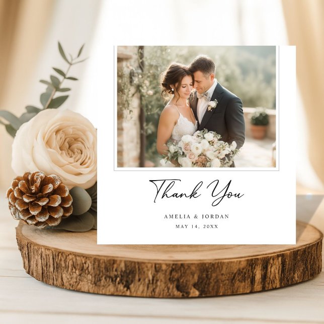 Tarjeta De Agradecimiento Elegant Script Romantic Rustic Boho Wedding Photo (Subido por el creador)
