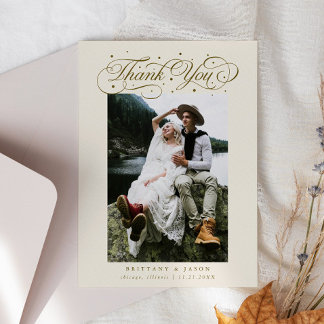 Tarjeta De Agradecimiento Elegant Script Typography Dots Wedding Photo Beige