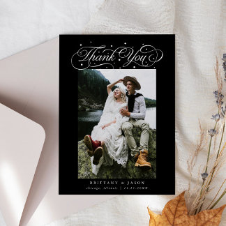 Tarjeta De Agradecimiento Elegant Script Typography Dots Wedding Photo Black