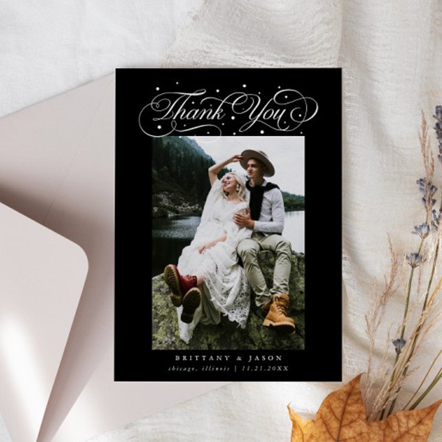 Tarjeta De Agradecimiento Elegant Script Typography Dots Wedding Photo Black (Subido por el creador)