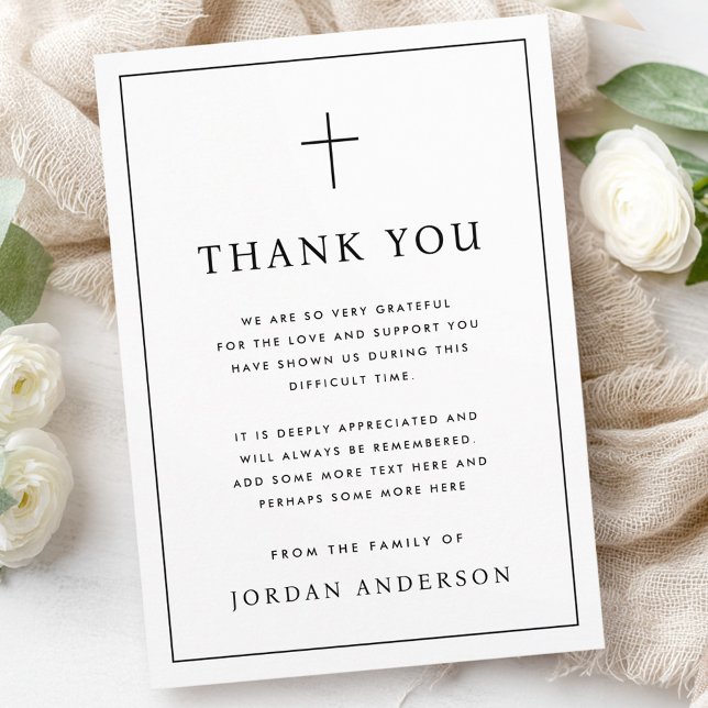 Tarjeta De Agradecimiento Elegant simple Christian cross funeral thin border (Elegant simple Christian cross funeral thin border Thank You Card)