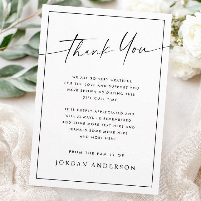 Tarjeta De Agradecimiento Elegant simple modern script thin border funeral (Elegant simple modern script thin border funeral thank you card)
