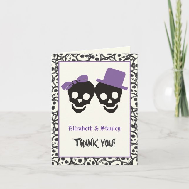 Tarjeta De Agradecimiento Elegant skulls Halloween purple wedding Thank You (Anverso)