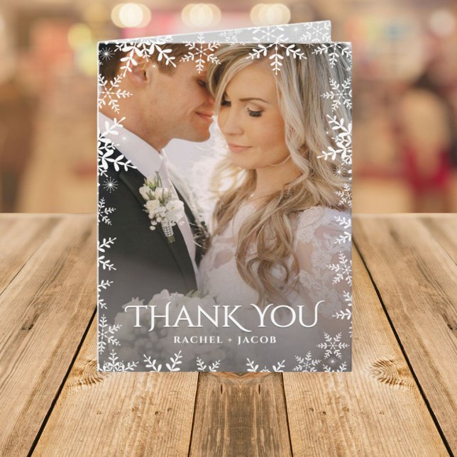 Tarjeta De Agradecimiento Elegant Snowflake 2-Photo Winter Wedding Thank You (Subido por el creador)