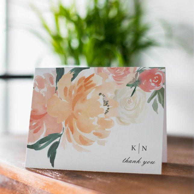 Tarjeta De Agradecimiento Elegant Soft Peach Floral Monogram Wedding (Subido por el creador)