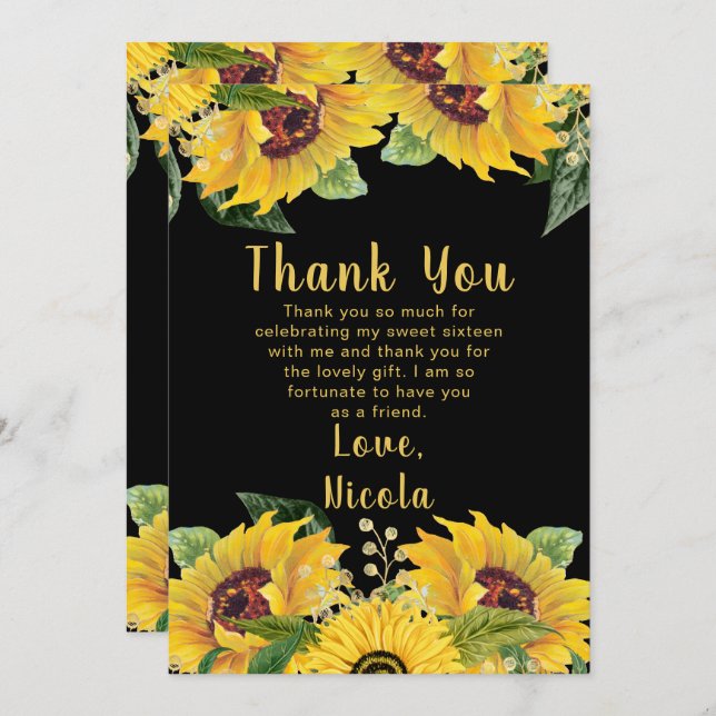 Tarjeta De Agradecimiento Elegant Sunflowers and Foliage Sweet Sixteen (Anverso / Reverso)