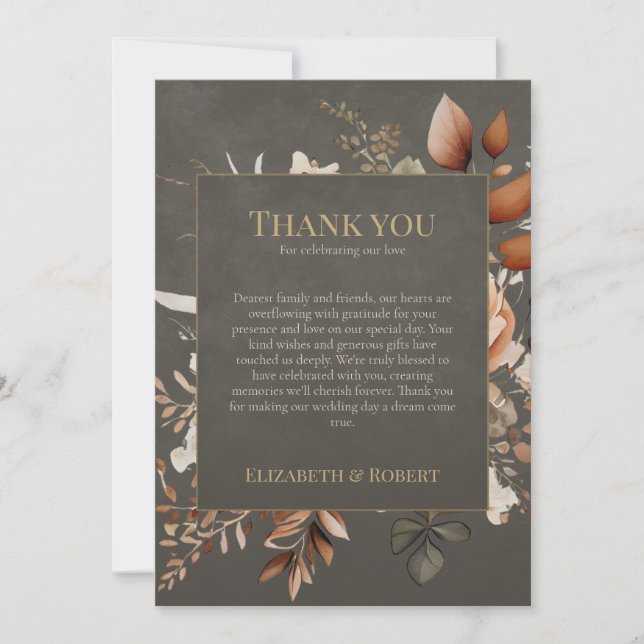 Tarjeta De Agradecimiento Elegant Taupe Floral Wedding Thank You Card (Anverso)