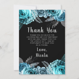 Tarjeta De Agradecimiento Elegant Teal Blue and Silver Flower Birthday Party