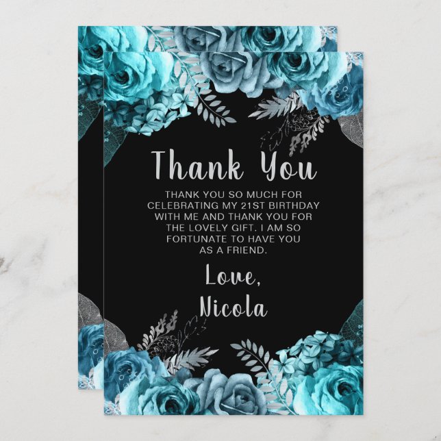 Tarjeta De Agradecimiento Elegant Teal Blue and Silver Flower Birthday Party (Anverso / Reverso)