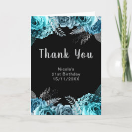 Tarjeta De Agradecimiento Elegant Teal Blue and Silver Flower Birthday Party