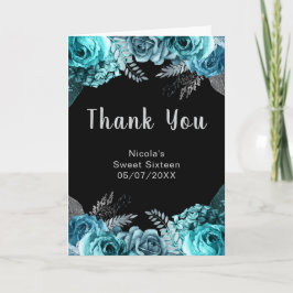 Tarjeta De Agradecimiento Elegant Teal Blue and Silver Flowers Sweet Sixteen