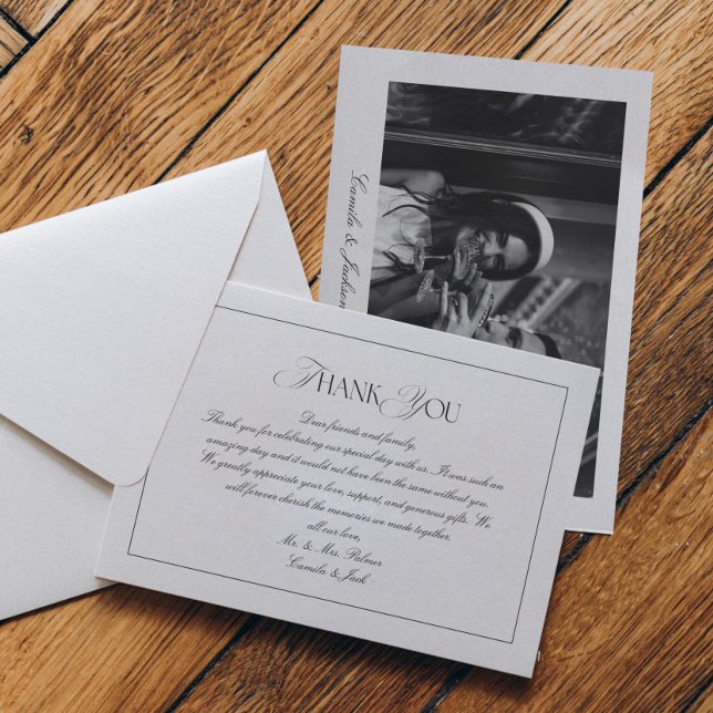 Tarjeta De Agradecimiento Elegant Timeless Black and White Wedding Photo (Subido por el creador)