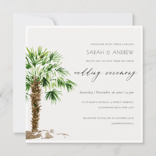 Tarjeta De Agradecimiento Elegant Tropical Palm Watercolor Wedding Invite (Anverso)