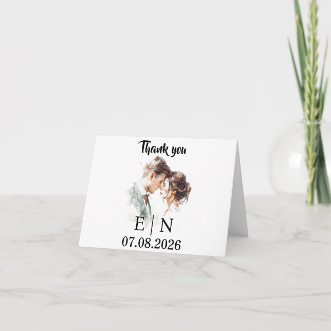 Tarjeta De Agradecimiento Elegant Wedding Thank You Card – Initials & Date (Anverso)