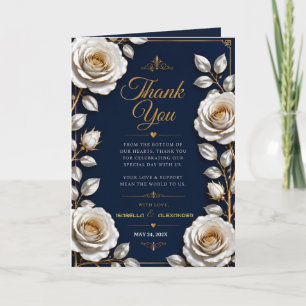 Tarjeta De Agradecimiento Elegant White and Gold Rose on Navy Blue 