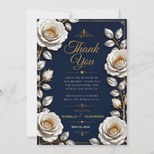 Tarjeta De Agradecimiento Elegant White and Gold Rose on Navy Blue 